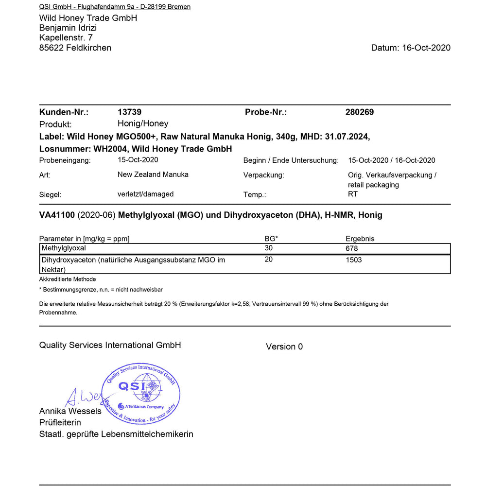 Zertifikat von QSI für Wild Honey Manuka MGO500+