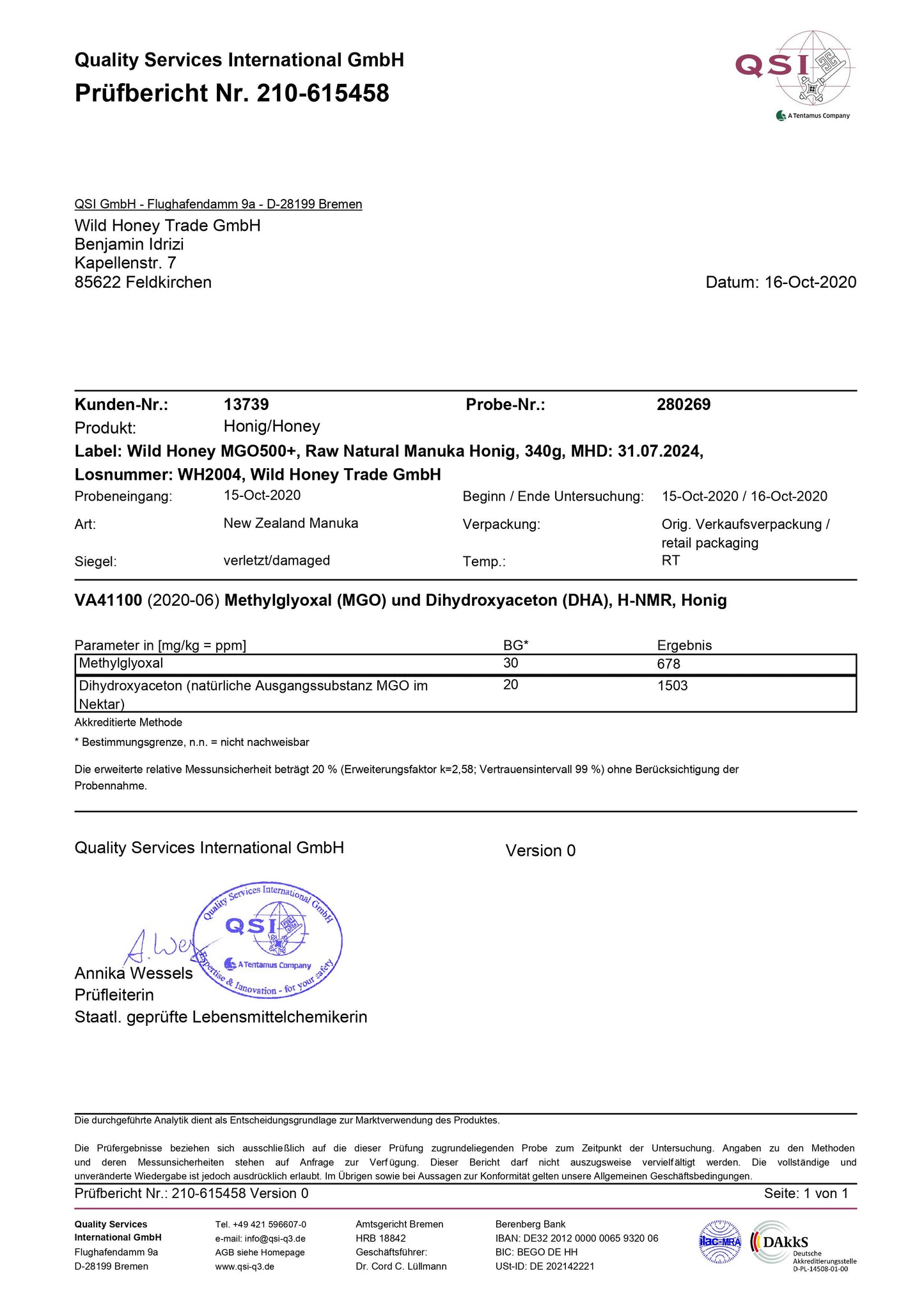 Zertifikat von QSI für Wild Honey Manuka MGO500+